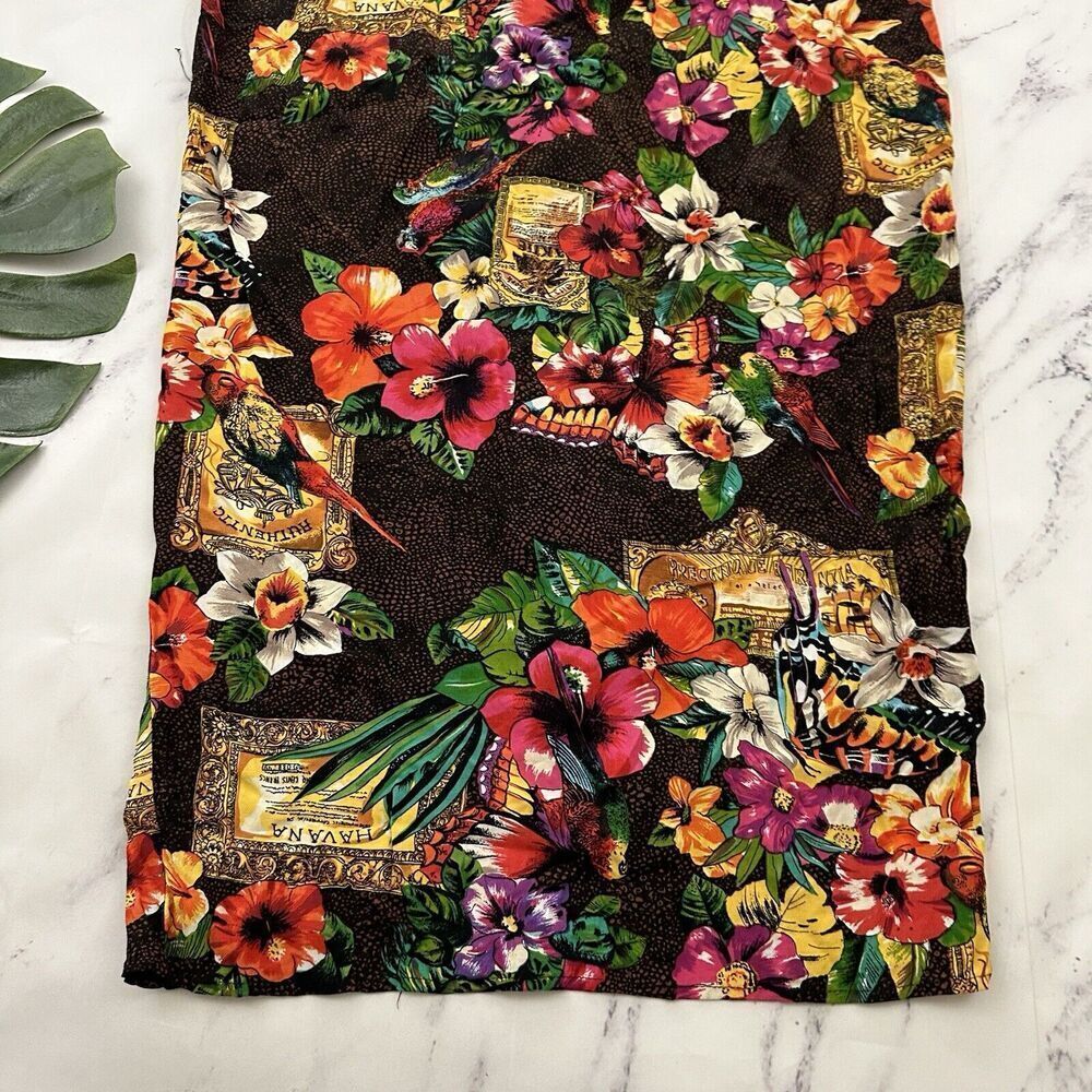 Womens Vintage Wrap Midi Skirt Size M Orange Pink Tropical Floral Parrots Tiki - Picture 8 of 8